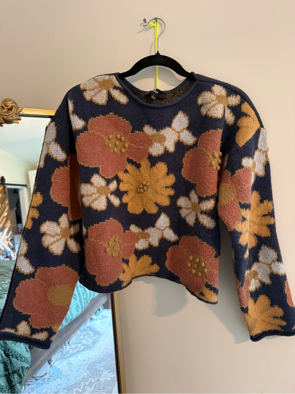 Lulu's Navy Floral Crewneck Sweater with Rust & Mustard Blooms